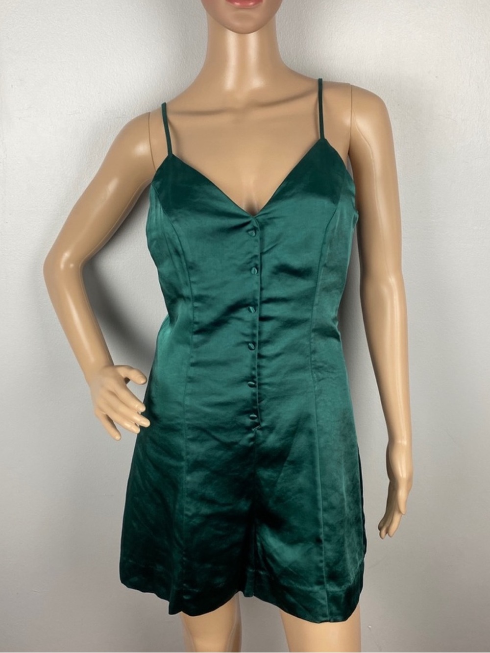 ENDLESS ROSE GREEN SATIN BUTTON FRONT ROMPER - Picture 2 of 8